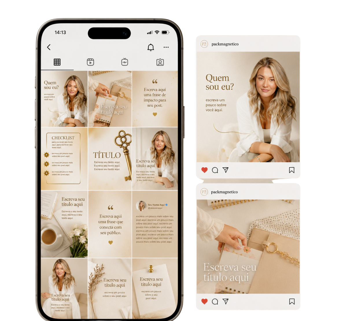 Pack Magnético apresentado em um celular com perfil profissional e templates elegantes para Instagram